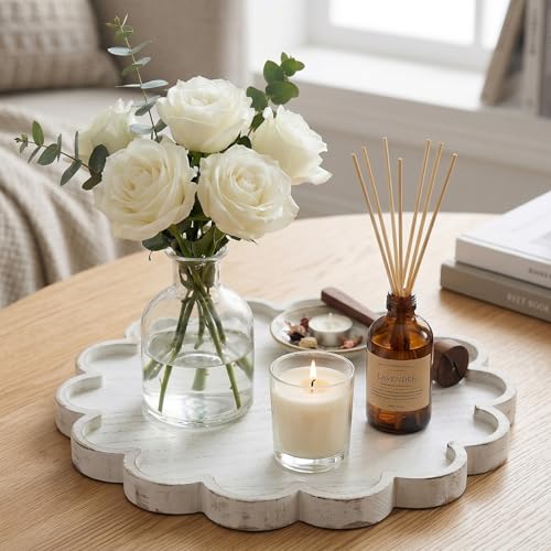 BreezeHug White Decorative Serving Tray Wood 12.6 Inch Scalloped Serving Tray Round Wooden Display Plate with Scalloped Borders for Coffee Table Living Room Bedroom Entryway Decoration - color: White