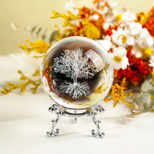 H&D Hyaline & Dora 70mm Tree of Life Clear Crystal Ball with Stand, K9 Glass Decorative Crystal Ball, 3D Laser Fengshui Home Decoration - color: 70mm Tree of Life