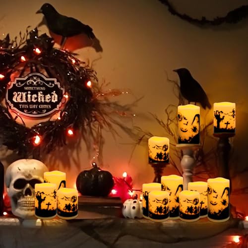 12-Pack Halloween Ink Painting Large Electronic Waxes with Remote Control, Flameless LED Candles for Halloween Spooky, Halloween Ambient Sense Artifacts. - color: 12Pack-halloween