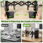 2 Pcs Adjustable Bookends, 2 Dividers, Metal Book Ends for Heavy Books Anti-Slip Book Organizer for Desk Shelves Office, Extends up to 19 inch (Black)