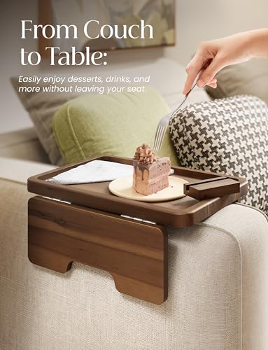 HOLANA 15.75" Acacia Couch Armrest Table - Wood Couch Arm Tray with Phone Holder – Sofa Side Table, Armchair Caddy, Sofa Arm Table for Home Sofa Living Room (Walnut) - color: Walnut, size: 15.8" x 11" x 2"