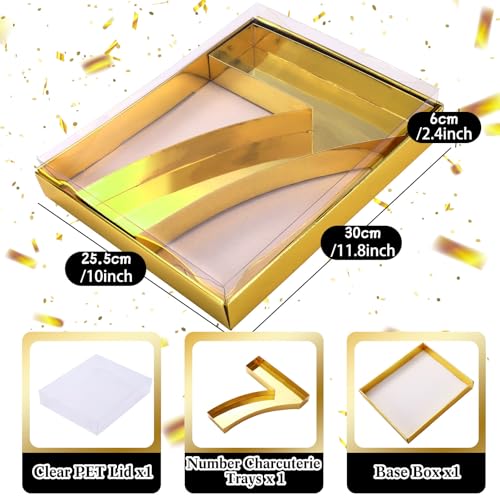 SiliFine 12" Charcuterie Number Shaped Mache with Clear Lid Fillable Sweets Serving Trays Paper Mache Cupcake Candy Box for 2025 Graduation Party Graduation Celebration(Gold,Number 7) - color: Gold, style: Number 7