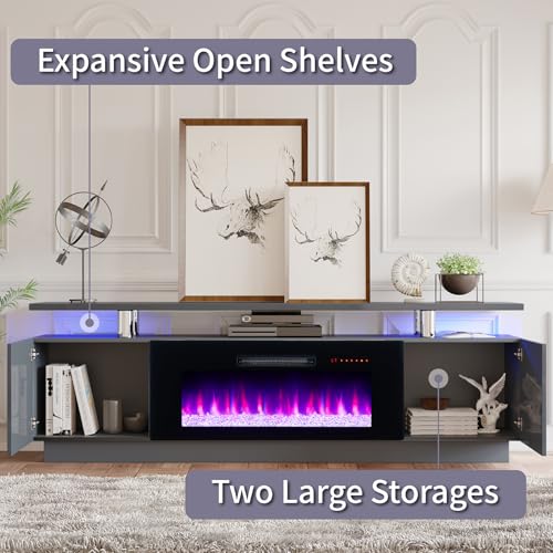 AMERLIFE Fireplace TV Stand with 36" Fireplace, 70" Modern Fireplace Entertainment Center LED Lights, 2 Tier TV Console Cabinet for TVs Up to 80", Grey - color: Grey, size: 70"