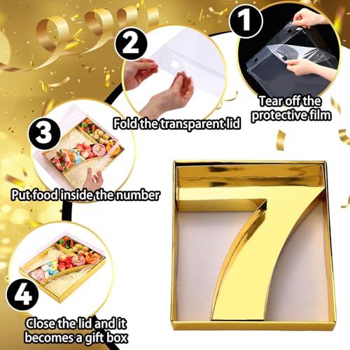 SiliFine 12" Charcuterie Number Shaped Mache with Clear Lid Fillable Sweets Serving Trays Paper Mache Cupcake Candy Box for 2025 Graduation Party Graduation Celebration(Gold,Number 7) - color: Gold, style: Number 7