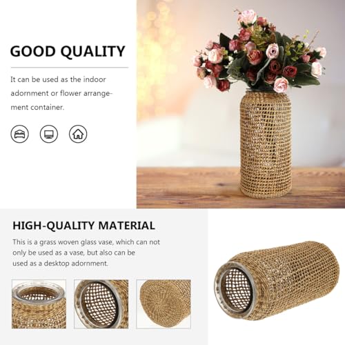 DOITOOL Boho Glass Vase with Rattan Cover, Rustic Farmhouse Vase Round Decorative Flower Container Flower Bud Container for Floral Arrangements Table Centerpiece, 4.3 x 4.3 x 9.8 inch