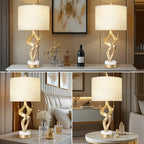 Scenekoy Sculptural Table Lamp Set of 2 with USB Ports for Bedroom Living Room, 26” Gold Leaf Marble Base Bedside Lamps, Pull Chains Switch Modern Nightstand Lamp for Home Room Decor (Bulbs Included) - size: 26 inches Gold Leaf -028-2