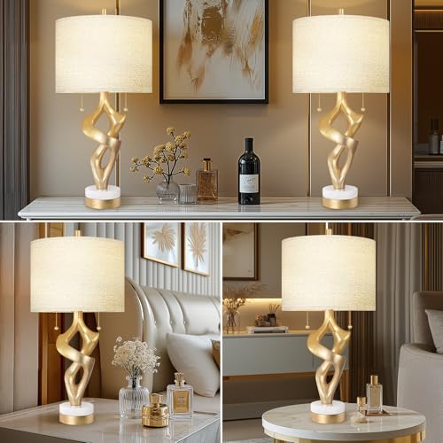Scenekoy Sculptural Table Lamp Set of 2 with USB Ports for Bedroom Living Room, 26” Gold Leaf Marble Base Bedside Lamps, Pull Chains Switch Modern Nightstand Lamp for Home Room Decor (Bulbs Included) - size: 26 inches Gold Leaf -028-2