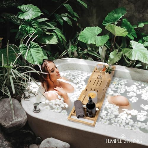 Temple Spring Foldable Bamboo Bathtub Tray Caddy for Tub — Expandable One-Piece Wood Bath Table with Wine Holder Book Stand and Non-Slip Pads — Space-Saving Bath Caddy — Housewarming - color: Foldable Wood Bamboo