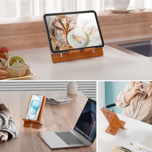 Pezin & Hulin Bamboo Cell Phone Stand, Wood Dock Holder, Portable Desktop Phone Rack, Compatible with Mobile Phone and Tablet -Slim Version (Brown) - color: Slim (Brown)