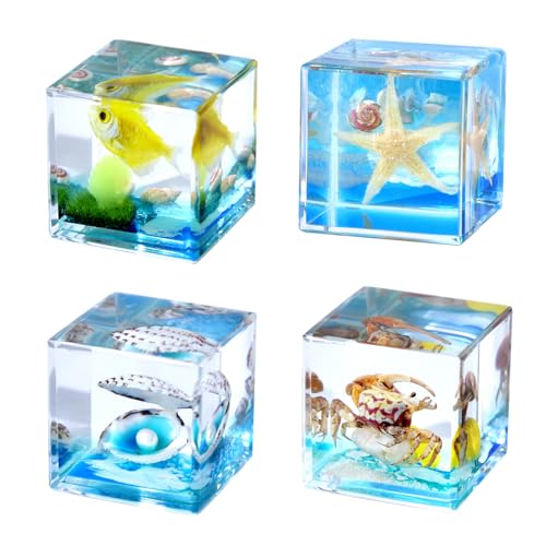 4Pcs Marine Taxidermy in Resin, Interesting Square Marine Microlandscape Specimen Set for Back-to-School Gift Oddities Paperweights Scientific Education Supplies（1.57x1.57 inch） - color: Marine Animals A
