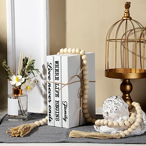 Jetec 3 Pcs Decorative Display Books Hardcover White Home Decor Coffee Table Faux Farmhouse Stacked Fake Decorative Books with Wood Bead Tassels for Shelves Kitchen, 58 Inch, Family Where Life Begins - style: Family Where Life Begins