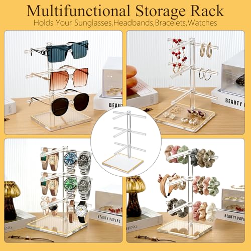 3-Tier Acrylic Sunglasses Display Stand, Gold Trimmed Eyeglasses Stands, Luxury Clear Vertical Glasses Holder for 3 Pairs Frames, Dresser Office Countertop Retail Boutique Counter Display - size: 1PC(3-TIER)