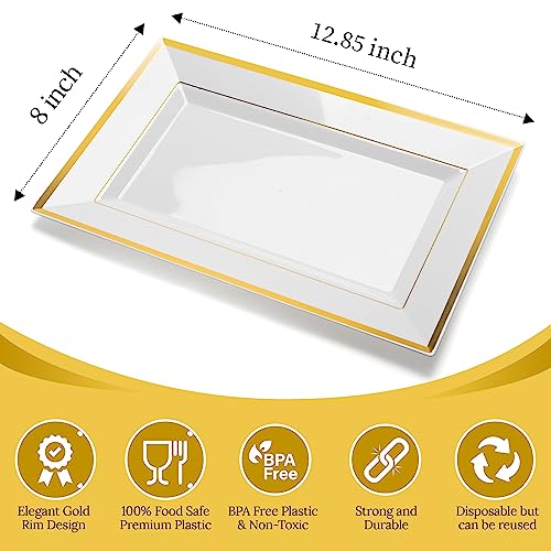 Elegant Plastic Serving Tray & Platter Set (6pk) - White & Gold Rim Disposable Serving Trays & Platters for Food - Weddings, Upscale Parties, Dessert Table, Cupcakes - 8 x 12.85 inches - color: White + Gold (6 Pk)