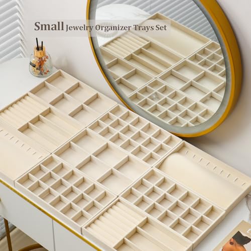 SPAKOWN Jewelry Trays Organizer for Drawer, 9 Set of Small Jewelry Display Case Storage Velvet Stackable Drawer Inserts Organizer for Necklaces Bracelets Earrings Rings (Beige) - color: Beige