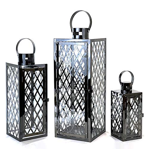 Allgala Lantern Set 3-PC Set Jumbo Luxury Modern Indoor/Outdoor Hurricane Candle Lantern Set with Chrome Plated Structure and Tempered Glass-Diamond Gold-HD88051 - color: Diamond Black