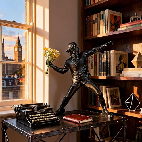 Banksy Street Graffiti Art Statue,Throwing Flower Boy Figurine,Resin Statue Ornaments,Living Room Dining Desk Decorations,Bookshelf Decorative Objects,Modern Home Decor(8.6"/Black) - color: Throwing Flower Boy-black-1