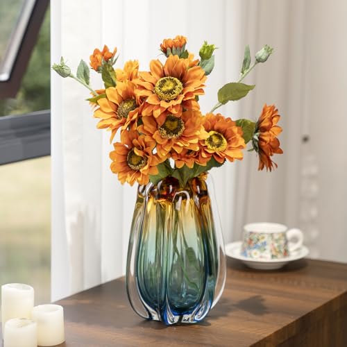 Hand Blown Glass Flower vases, Unique Glass vases, Wide Mouth vases, Small Modern Art Deco Glass vases for Home Living Room, Office, Table centerpieces, Bookshelves and Wedding Decorations