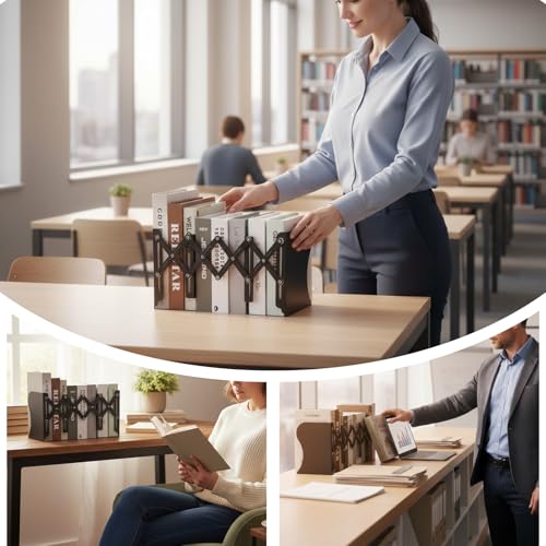 2PCS Heavy Duty Metal Bookends, Adjustable Book Organizer for Shelves & Desk with Non-Slip Pads, 3 Compartments, Extends up to 19 inches, Office & Home Use (Black)