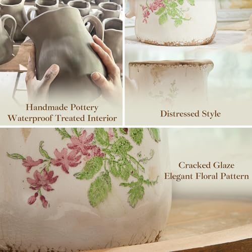 Vintage Rose Flora Ceramic Vase with Handle, Retro Ice Glazed Crack Farmhouse Pitcher Vase for Home Decor, Living Room, Shelf, Office, Rustic Table Centerpiece 7 Inch - color: Pink Flora, size: Small Pitcher