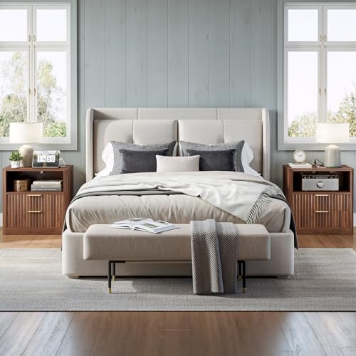 IRONCK Fluted Night Stand Set of 2, Modern Nightstand with Charging Station, Drawers and Open Shelves - Bedside Table Wood Side Table Set for Bedroom (Walnut) - color: Walnut