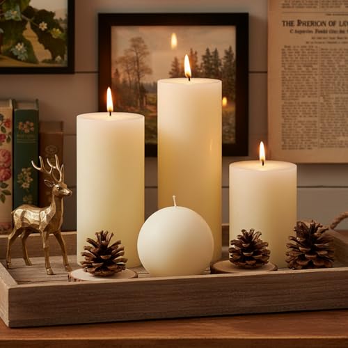 Ivory Rustic Textured Pillar Candles Set - 4 Pcs Assorted Sizes Unscented Pillar Candle, Decorative Farmhouse Candles for Home Centerpiece Decor, Holiday Dinner Table, Dripless & Smokeless - color: Cream Ivory