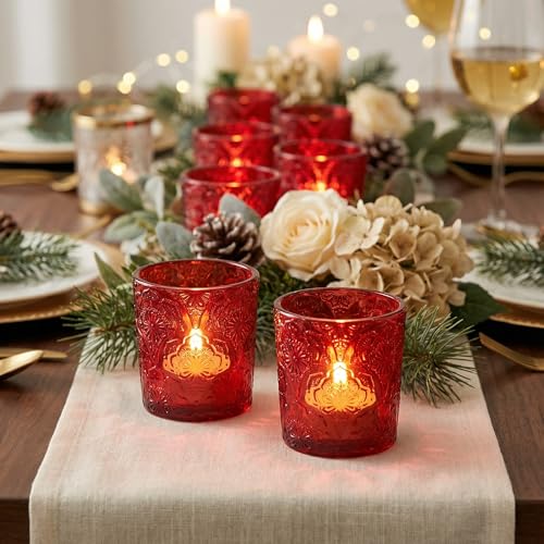 12 Pack Mandala Embossed Glass Candle Holders – Votive Tealight Holders with Patent Design, Decorative Embossed Glass Cups for Wedding Centerpieces, Parties, and Home Décor (Crimson Glow) - color: Crimson Glow