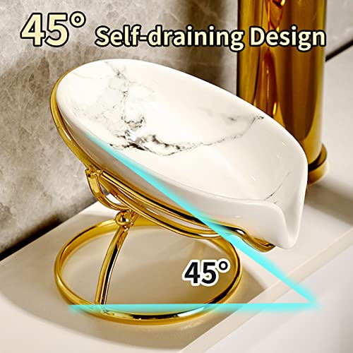 Dobbyby Leaf-Shaped Soap Dish – Ceramic Soap Bar Holder with Self-Drainage System – Bar Soap Holder for Shower, Bathroom Sink, Kitchen – Soap Dish with Stainless Steel Stand (White-Gold-2 Pack) - color: White-gold-2 Pack