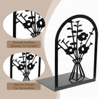 Kifmurase 5 Pair Metal Book Ends, Modern Decorative Flower Shelves Bookends, Black Book Stopper for Heavy Books, Novety Floral Books Shelf Holder Ends for Home Office School, 6.6×4.7×3.6 inch