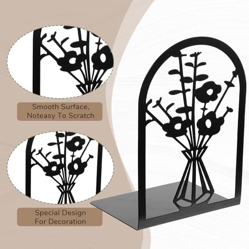 Kifmurase 5 Pair Metal Book Ends, Modern Decorative Flower Shelves Bookends, Black Book Stopper for Heavy Books, Novety Floral Books Shelf Holder Ends for Home Office School, 6.6×4.7×3.6 inch