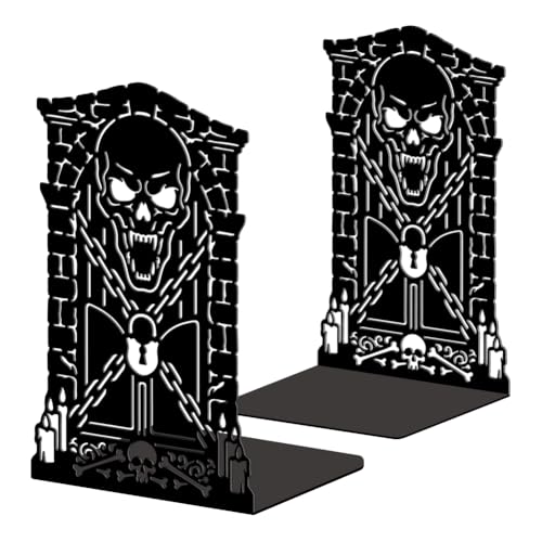 Peacoblue Metal Bookends for Shelves, Modern Decorative Heavy Duty Study Book Ends Stoppers for Office, Desk, Shelf, Room 5.3"x4.3"x7.9" Cast Iron Simple Tall Bookends 1 Pair (Goth Hells Gate) - style: Goth Hells Gate