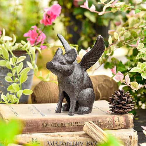 Sungmor Cast Iron Flying Pig Statue, Whimsical Sitting Pig Garden Decorative Statue, Rustic Black Brown Home Office Desk Paperweight Doorstop, Cute Collectible Figurine Bookshelf Ornament - color: Flying Pig