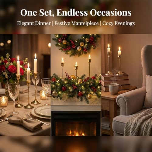 Set of 3 Brass Tapered Candle Holder,Candlestick Tall Metal Candlestick Holders for Table Centerpiece Home Decor for Wedding Fireplace Mantel Housewarming Gift Fits 3/4 Inch Thick Candles - color: Brass