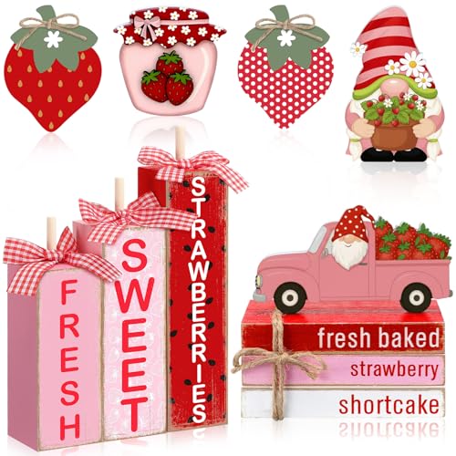 Vercraft 11 Pcs Strawberry Table Decorations Set Strawberry Tiered Tray Decor Spring Summer Wooden Top Farmhouse Rustic Wooden Coffee Table Centerpieces for Home Kitchen Office Decorations - style: Strawberry