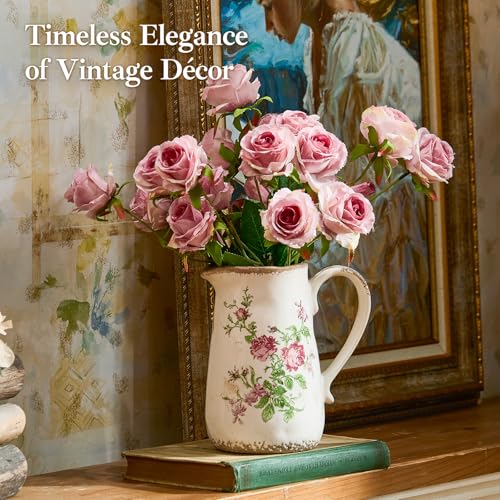 Vintage Rose Flora Ceramic Vase with Handle, Retro Ice Glazed Crack Farmhouse Pitcher Vase for Home Decor, Living Room, Shelf, Office, Rustic Table Centerpiece 7 Inch - color: Pink Flora, size: Small Pitcher