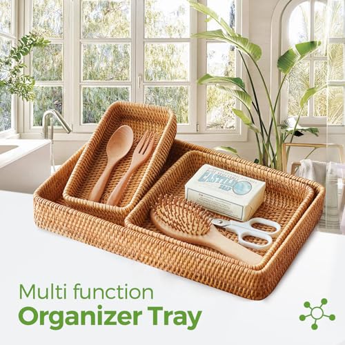 Rattan Serving Tray, Rectangle Basket Set of 3, Wicker Storage and Organizing Baskets, Natural Decorative Woven Tray for Home Decor, Bathroom, Kitchen Counter - style: Set of 3