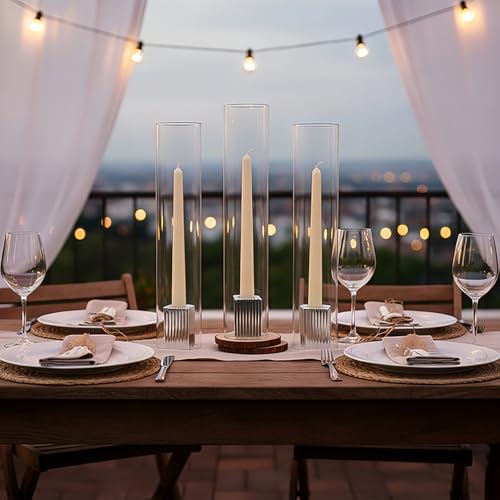 LETINE Hurricane Candle Holders with Silver Ribbed Taper Candle Holders Set of 9 (14")– Bulk Windproof Taper Candle Hurricane Glass for Outdoor&Indoors Wedding Centerpiece, Event & Home Decor - color: Silver, size: 14H"-9pcs+9pcs Taper Holder1.57"/2.36"/3