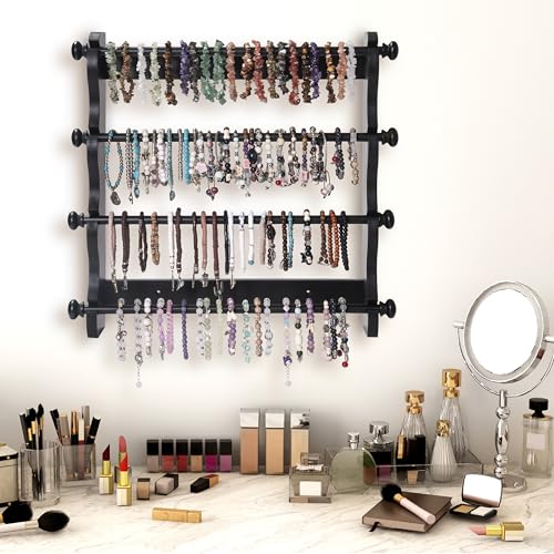 4-Tier Wooden Bracelet Holder Wall-Mounted – Black Jewelry Display Stand for Bracelets, Bangles, Watches– Rustic Wall Jewelry Organizer for Home, Store, or Craft Show – Bracelet Display Rack - style: Wall-Mounted–Black