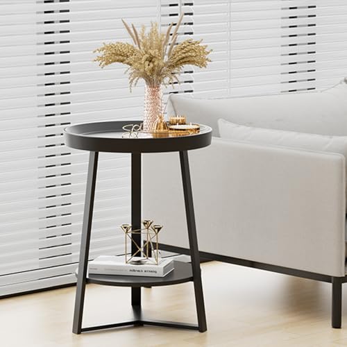 Gadroad Round End Table with Storage Shelf, 2 Tier Farmhouse Side Table Nightstand for Living Room, Bedroom, Wood Tabletop & Black Metal Frame, Black 15.7 * 15.7 * 23.0inches - color: Black, style: No Charging Station