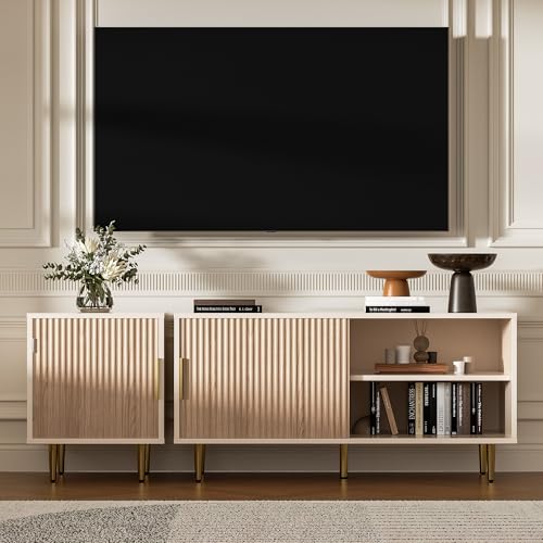 Housoul Combined Modern TV Stand for 55/60/65 inch TV, Small Entertainment Center with Adjustable Shelf, TV Media Stand with Storage Cabinet, TV Console with Gold Legs for Living Room, Bedroom, Oak - color: Oak, size: 55" L
