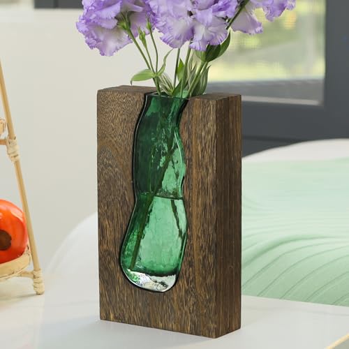 Wood and Glass Inlay Vases Farmhouse Wooden Glass Flower Vase Solid Wood Glass Vase Home Decor Vases for Centerpiece (9.45 Inches) - size: 9.45 Inches