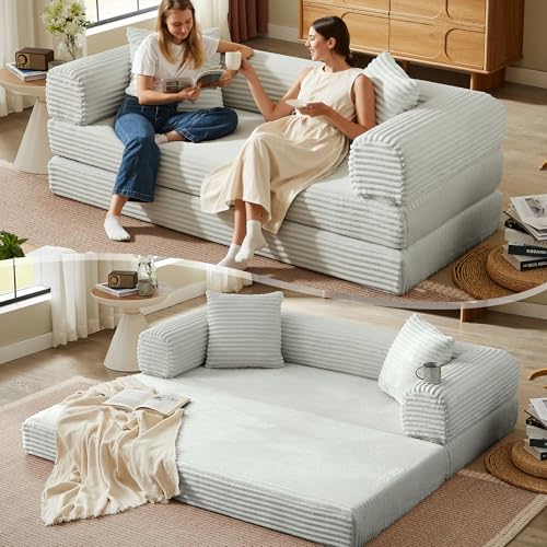 Boneless Couch Versatile Couches for Living Room No-Install Sofa Bed Corduroy Futon Soft Cloud Couch with Pillows for Bedroom Game Movie (Light Grey, 76") - color: Light Grey