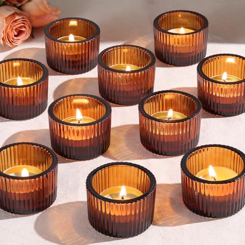 Lanttu Tealight Candle Holder Set of 12, Amber Small Votive Candle Holders for Table Centerpiece,Glass Tea Light Candles Holder for Party&Home,Wedding Decor - color: Amber
