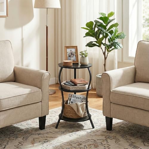 Vintage Small Round Side Table, 3-Tier Slim Waist Circular End Table with Storage Shelf, Compact Tea Sofa Side Table, Round Corner Coffee Table Nightstand for Living Room Bedroom Small Spaces,Black - color: Black, style: Classic