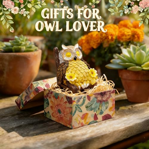 LIULO TOOL Garden Gift for Mom Grandma, LED Solar Owl on Chair Patio Sculpture, Cute Outdoor Fairy Garden Housewarming Decor Figurine 6x4.5x3.3 in - color: Owl