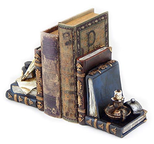 Bellaa 26324 Vintage Bookends Set of 2 - Wizard Feather Quill Pen & Ink Bottle with Oil Lamp Design - Magical - Antique Bronze Decorative Book Ends for Shelves, Office, Library - Farmhouse Home Decor