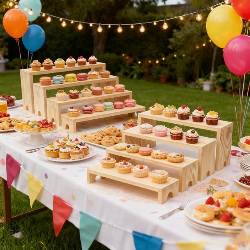 Wooden Display Stand Wood Tiered Racks, 2 Set 8 Piece Wood Display Shelf for Cupcake,Jewelry,Card, Vendor Events, Table Shelves Wooden Riser Organizer Dessert Showcase-Natural - color: Natural