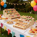 Wooden Display Stand Wood Tiered Racks, 2 Set 8 Piece Wood Display Shelf for Cupcake,Jewelry,Card, Vendor Events, Table Shelves Wooden Riser Organizer Dessert Showcase-Natural - color: Natural