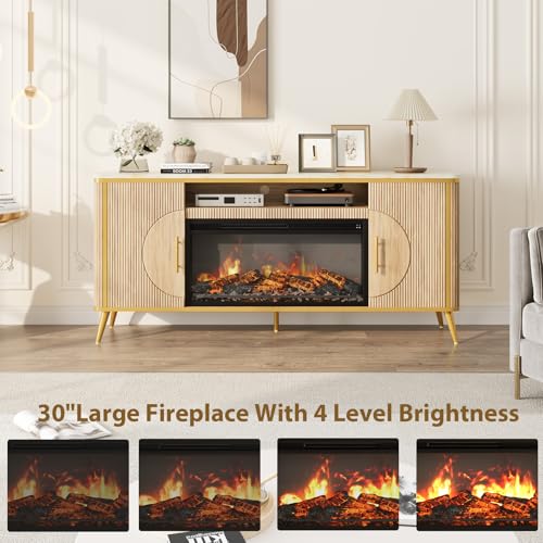 Fluted Fireplace TV Stand Up to 80" TVs, Modern Entertainment Center with 30" Electric Fireplace, Luxury Media Console with Adjustable Shelves for Living Room, Nature Oak - color: Nature Oak