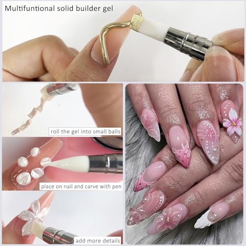 Fcozpjk Solid Builder Gel for Nails, Pearly White & Clear Solid Builder Gel Non-Sticky Hard Gel for Nails with Silicone Carving Pen 3D Sculpting Gel Iridescent Nail Gel Manicure Salon Supplies - color: 01-04