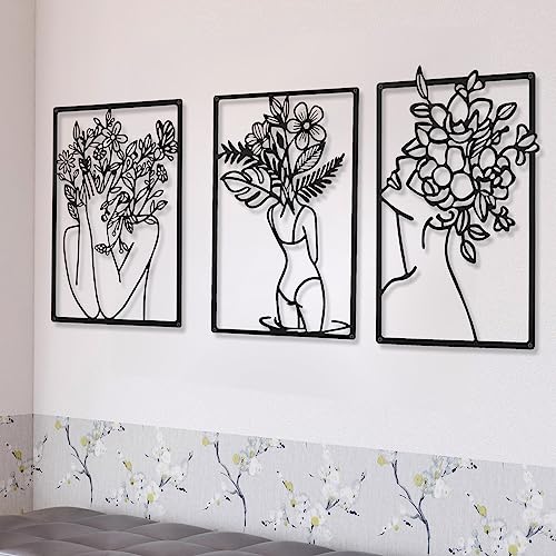 CHENGU 3 Pieces Metal Minimalist Abstract Woman Wall Art Line Drawing Wall Art Decor Single Line Female Home Hanging for Kitchen Bathroom Living Room - style: Leaf Style